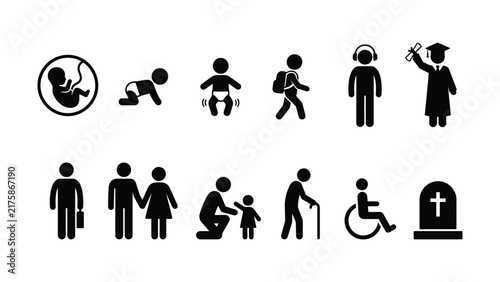 Foto Human life cycle icon set featuring aging stages from birth to death, fetus, baby, child, adult, and elderly silhouettes