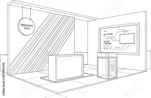 Modern tech exhibition booth design with promotion counters display screens and signs vector sketch illustration