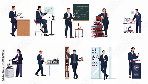 Collection of professional sommelier characters and wine experts in formal attire, presenting, tasting, and serving wine in various educational and commercial settings.