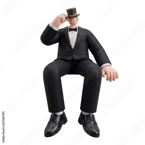 3D illustration of a faceless gentleman in a black tuxedo and top hat sitting