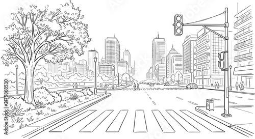 Urban city street crosswalk intersection scene with skyscraper buildings traffic lights and pedestrian sidewalks linear illustration