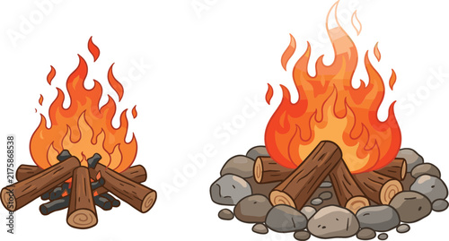 Foto Two campfire designs with orange burning flames logs and one surrounded by a cir
