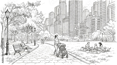 Vibrant city park sketch featuring skyscrapers people relaxing mother with baby stroller family picnic and stone path vector