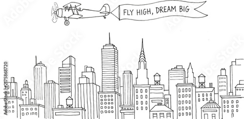 Vintage biplane flying over city skyline pulling motivational banner with fly high dream big text message illustration