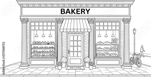 Vintage bakery shop storefront exterior design line art drawing with awning display windows and bicycle vector