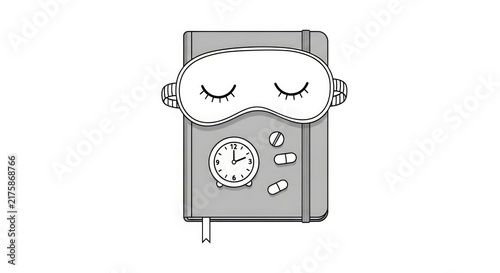 Sleep Mask and Pills on Diary with Clock, Concept of Rest, Insomnia, and Medication