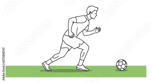 Soccer player running with ball, line art illustration, athlete training, active lifestyle, sport concept, white background