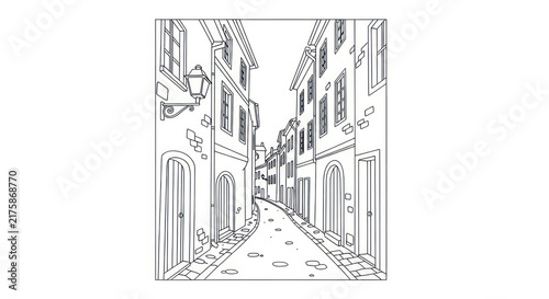 Sketch of a Charming European Street Scene with Cobblestone Path and Buildings