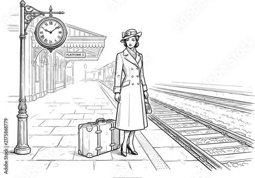 Vintage fashion woman standing on railway platform with retro suitcase near classic hanging clock waiting for train vector