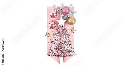 Sparkling Pink Christmas Tree Decoration with Ornaments and Stars on White Background