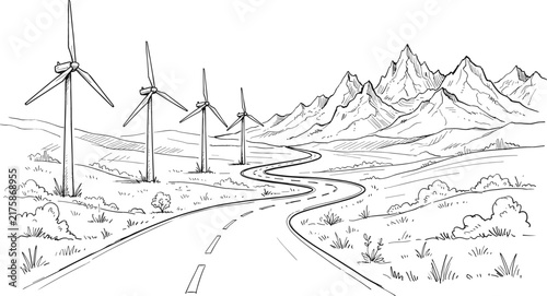 Winding mountain road landscape with green wind turbines generating clean renewable energy vector sketch illustration