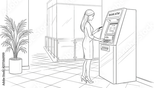 Young woman using a bank automated teller machine inside a modern office lobby vector sketch illustration