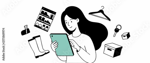 Woman shopping online digital tablet graphic illustration selecting clothes shoes home organization storage minimal vector line art purchasing products lifestyle e-commerce management app concept