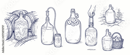Bild auf Leinwand Cider making glass carboy illustration set showing apple cider fermentation process, wooden barrels, airlock tube brewing, jug with basket of apples, vintage line art ink drawing vector clipart style