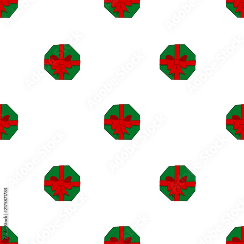 hand drawn simple green octagonal present boxes with red bows seamless pattern