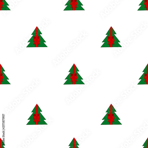 hand drawn simple green christmas tree shaped present boxes with red bows seamless pattern