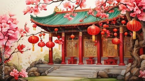 Scenic watercolor style illustration of a traditional Asian temple with red columns, green tiled roof, red lanterns, and pink cherry blossoms beside a calm river with distant mountains.