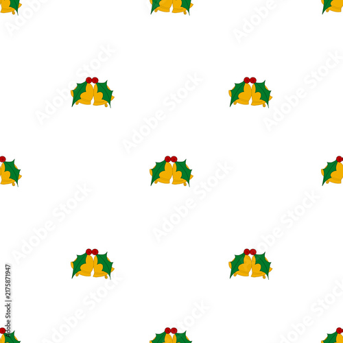 hand drawn simple golden Christmas bells with holly leaves and red berries seamless pattern