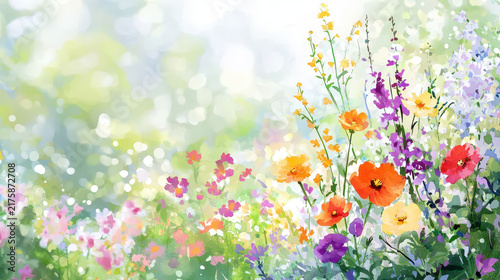 Vibrant and colorful floral landscape featuring various flowers in bloom, creating cheerful and lively atmosphere