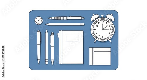 Top View of Desk Supplies: Pens, Notebook, Alarm Clock, and Watch on Blue Background - Flat Lay Composition