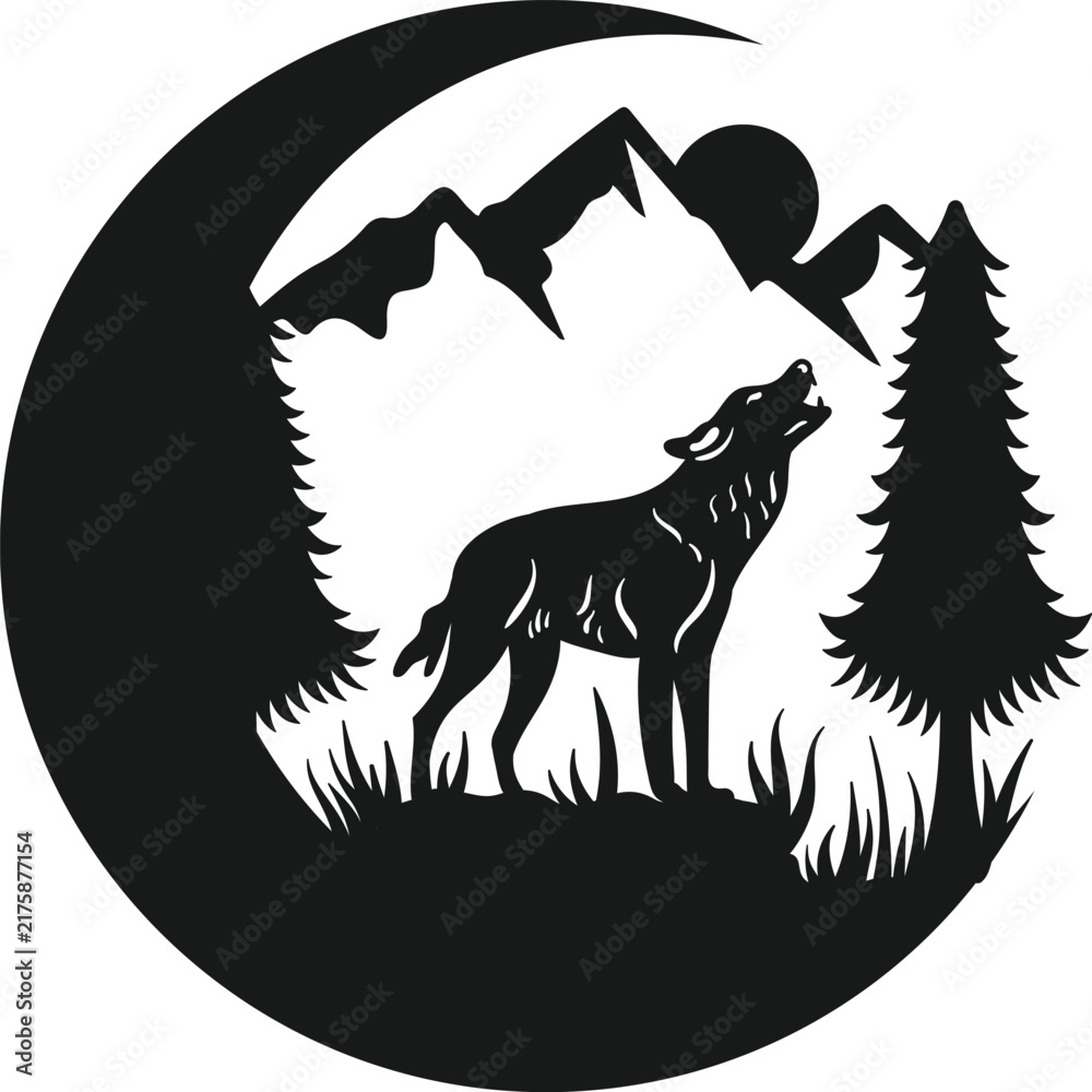 Naklejka premium Wolf Crescent Moon Mountain Wildlife Art