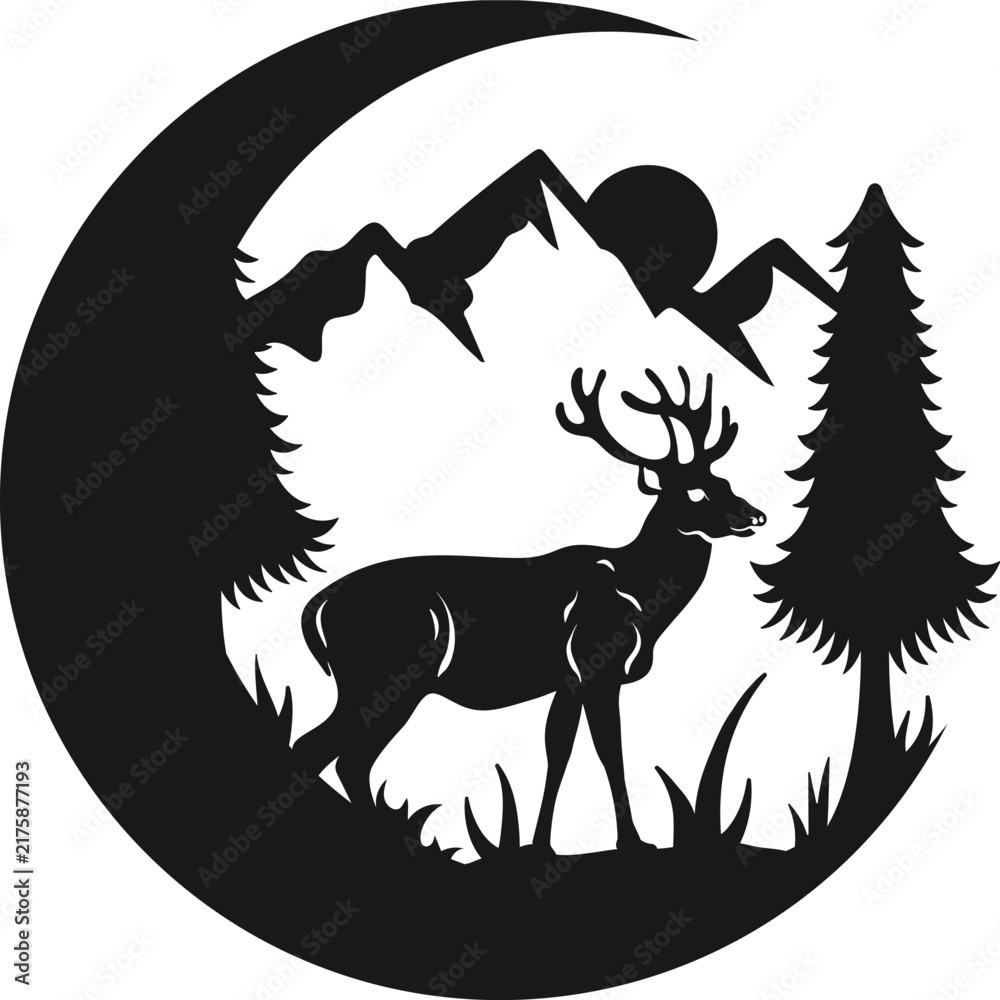 Naklejka premium Deer Crescent Moon Forest Wall Art