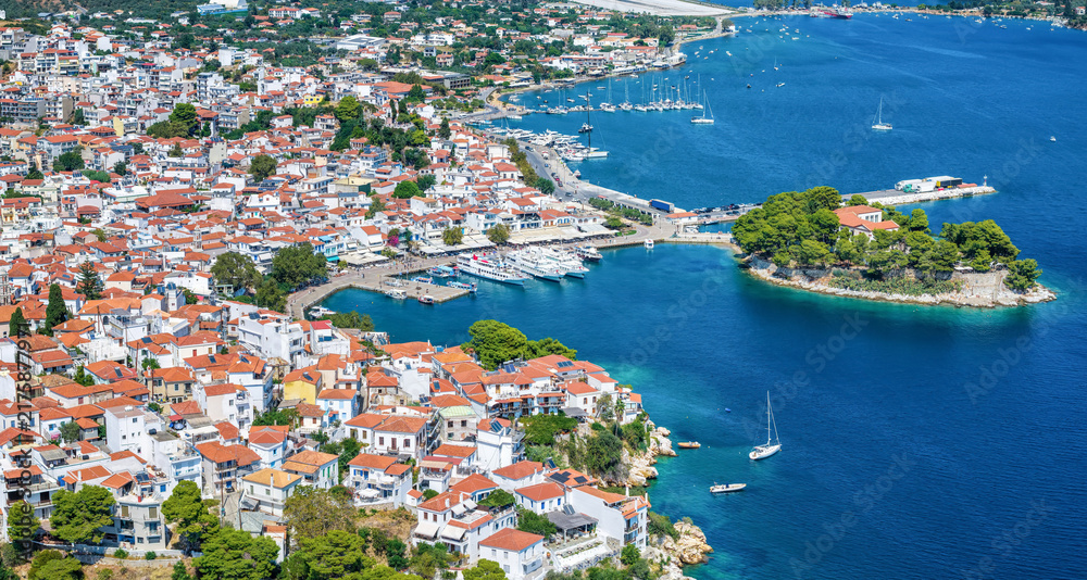 Obraz premium Aerial summer day view of the old port at the town of Skiathos island, Sporades, Greece
