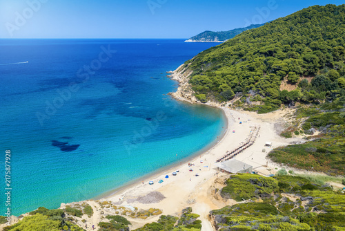 Aerial view of the beautiful beach at Agistros at Skiathos island, Sporades, Greece