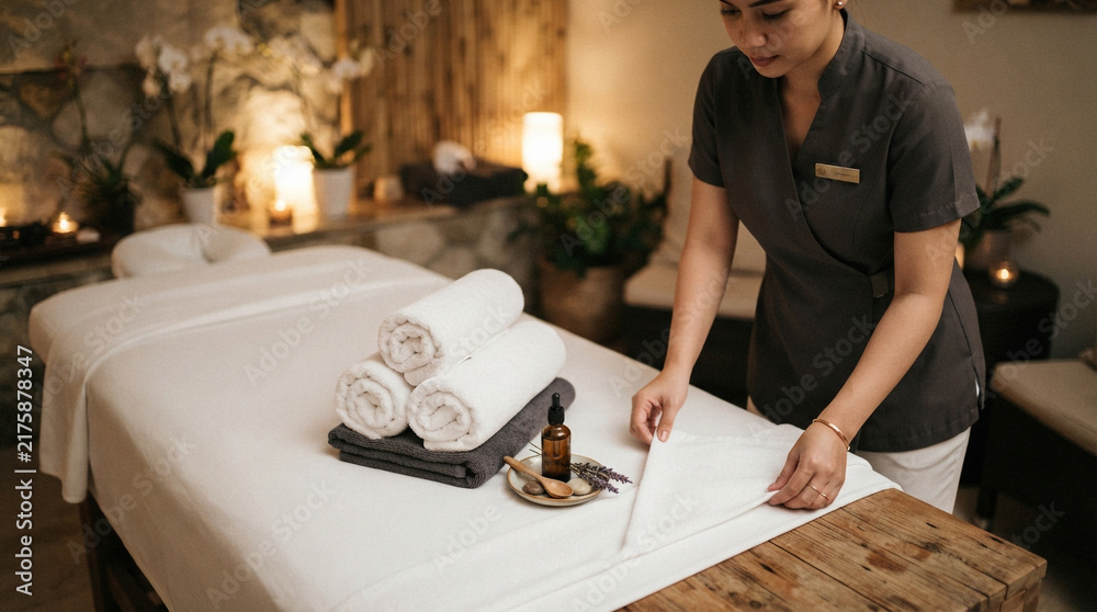 Fototapeta premium Professional Spa Staff Preparing Massage Table with White Towels