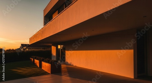 Modern Residence Bathed In Golden Sunset Light And Warm Glow