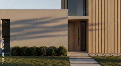 Modern Residence Entrance With Natural Wood Accents And Landscaping