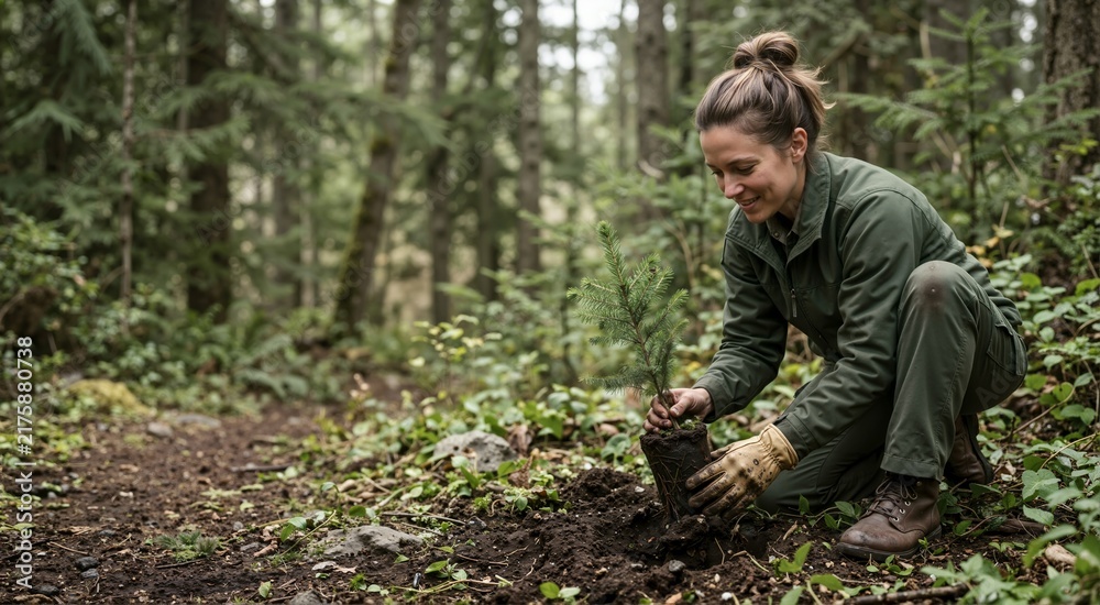 Obraz premium Smiling female park ranger planting a tree seedling in a forest. Woman in green uniform kneeling and putting a sapling into the soil. Reforestation concept
