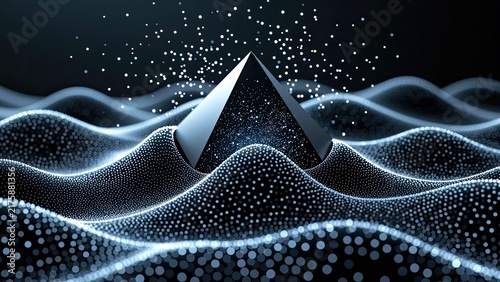neural network latent space visualization with dark pyramid and glowing particle waves