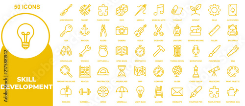 Fifty yellow outline icons representing skill development and hobby learning for educational and creative design projects