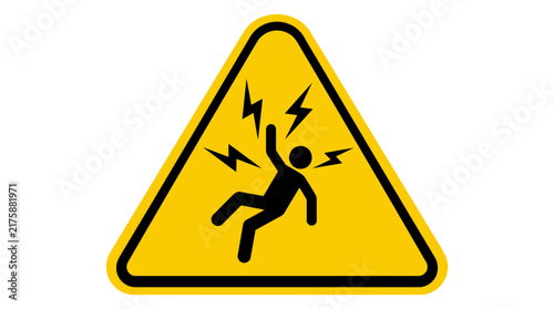 High voltage warning sign featuring yellow triangle background with black electrical shock icon in modern clean flat vector graphic style