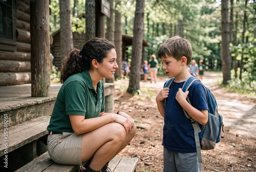 A counselor is talking to a young camper on the steps of a cabin at a children's camp. Other kids can be seen playing in the background among the trees