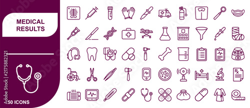 Set of fifty medical results icons featuring diagnostic tools and healthcare equipment for clinical work