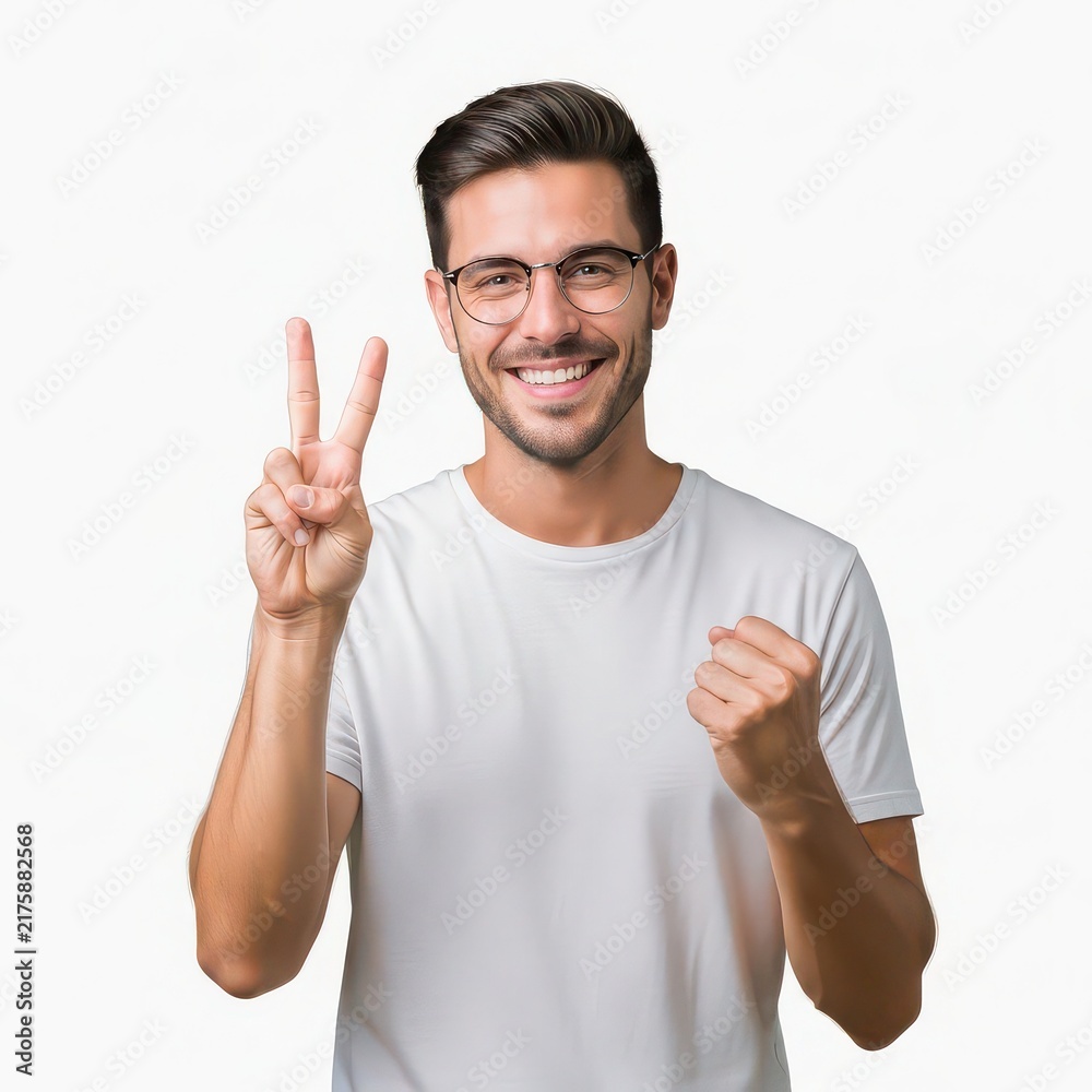 Fototapeta premium Confident young professional showing peace and success with a bright smile and victory gesture