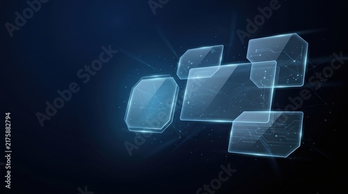 Abstract digital interface with glowing transparent panels and data nodes connected by lines on a dark background