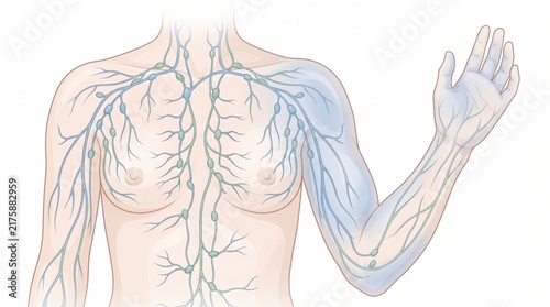 Anatomical illustration of the human lymphatic system in the upper body and arm