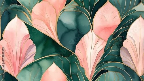 Elegant Art Deco Seamless Pattern Featuring Watercolor Tropical Leaves in Green and Pink Tones with Golden Geometric Outlines for Luxury Wallpaper and Textile Print Design