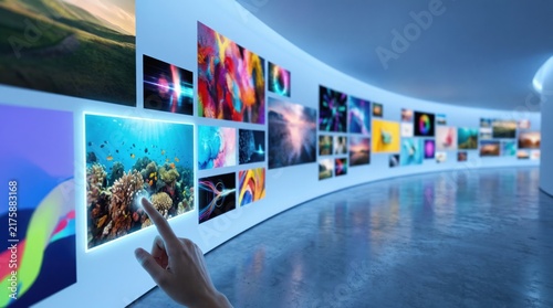 Hand interacting with a digital wall display showing a gallery of colorful images in a modern virtual environment