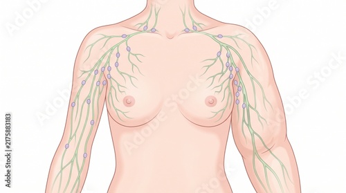 Illustration of the human lymphatic system showing lymph nodes and vessels in the arms and chest area