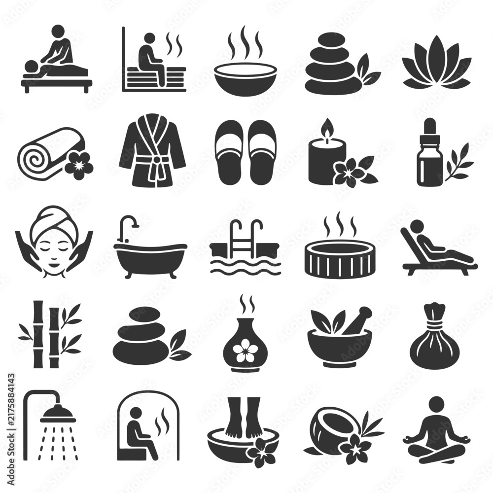 Fototapeta premium Spa and wellness icon set: massage, sauna, aromatherapy, yoga, relaxation.