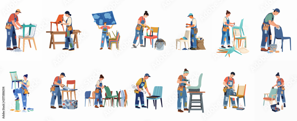 Fototapeta premium Collection of Illustrative Flat Characters Working on Furniture Restoration, Repairing, and Upholstering Chairs in Various Poses and Using Different Tools
