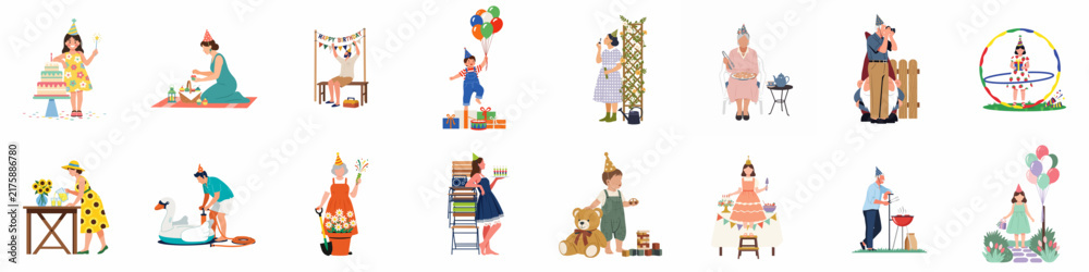 Fototapeta premium Collection of flat vector illustrations featuring diverse people celebrating birthdays, gardening, and enjoying festive moments with pets and decorations.