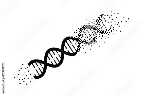 Dna strand molecule dissolving into small particles for biotechnology concepts.