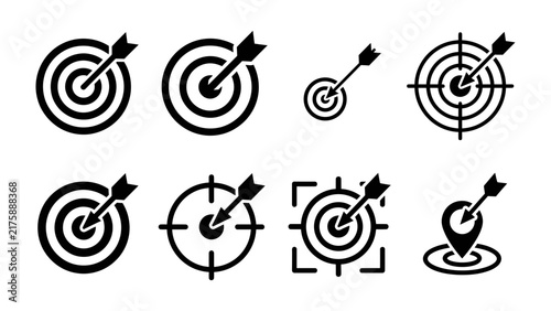 фотографія Target Icons Set: A collection of diverse target icons, each featuring an arrow hitting the bullseye, representing focus, precision, and achieving goals