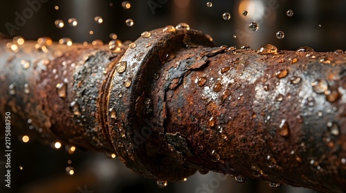 Macro shot of clear water droplets splashing on a heavily rusted industrial metal pipe featuring detailed corrosion and weathered textures.