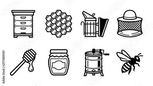 Foto Beekeeping Icon Set: A collection of clean, vector-style icons representing essential beekeeping tools and elements, including a hive, honeycomb, smoker, veil, honey dipper, honey jar, extractor